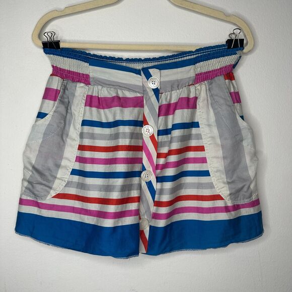 Nautical Blue Pink White Gray Stripe Button Front Patch Pockets Mini Skirt Small - Picture 10 of 10